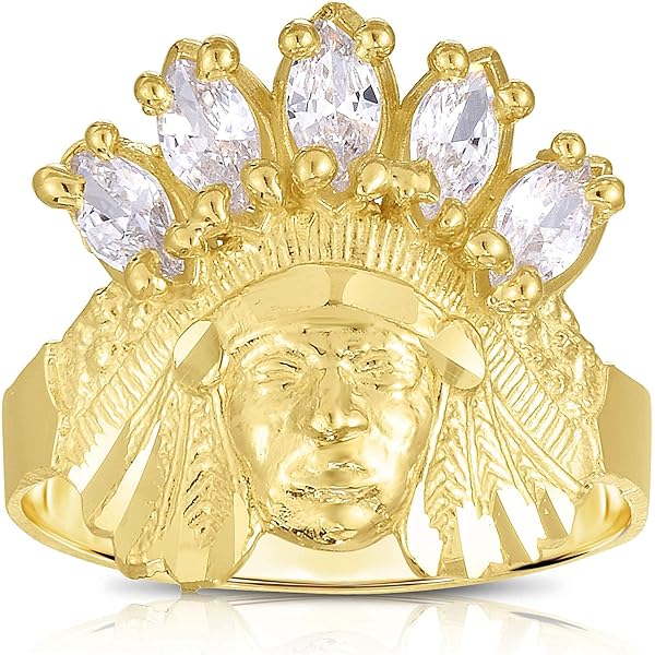 10Kゴールド ビンテージカラーチップ Polished 10k Yellow Gold Indian Chief CZ Head Ring (Size 10